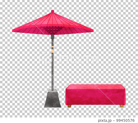 Red field umbrella and bench hand-drawn watercolor style illustration Red field umbrella and bench hand-drawn watercolor style illustration 99450576