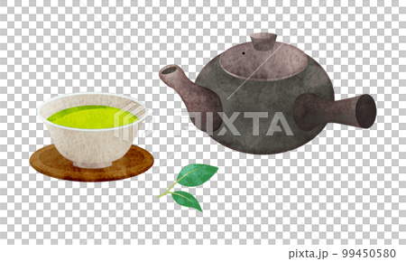 茶壺和綠茶手繪水彩風格插畫 99450580