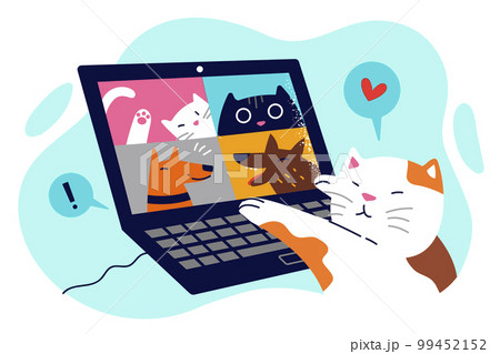 Cat is talking with animal friends via video conference using laptop for online negotiations Cat is talking with animal friends via video conference using laptop for online negotiations 99452152