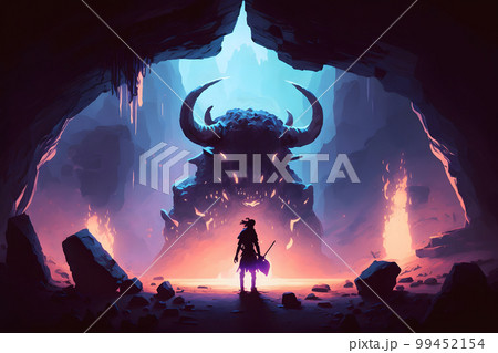 Theseus found the creature minotaur in cave labyrinth greek mythology tale. Neural network AI generated art Theseus found the creature minotaur in cave labyrinth greek mythology tale. Neural network AI generated art 99452154