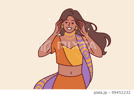 Woman in national Indian sari costume and golden jewelry for traditional dance or wedding ceremony 99452232