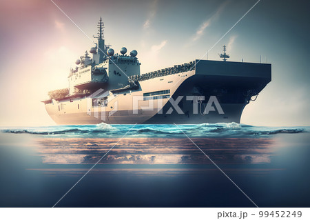 Navy aircraft carrier in wavy sea water. Neural network AI generated art Navy aircraft carrier in wavy sea water. Neural network AI generated art 99452249