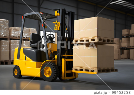 Warehouse with fully loaded forklift between rows in the big interior space. Neural network AI generated art 99452258