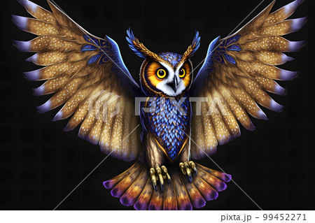 European eagle owl with big wings in multicolor epic style. Neural network AI generated art 99452271