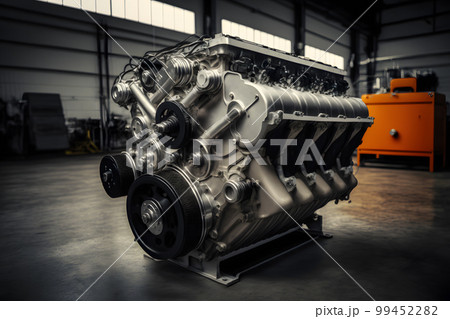 Modern car engine block on table in service room. Neural network AI generated art Modern car engine block on table in service room. Neural network AI generated art 99452282