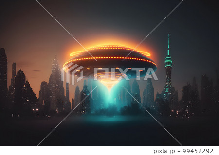 UFO object with glowing lights flying to city center on a rainy day. Neural network AI generated art 99452292