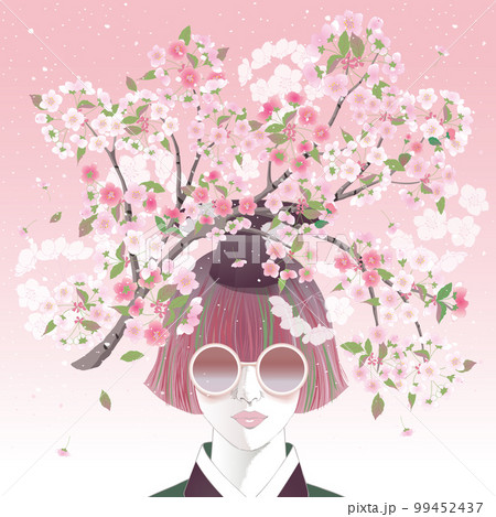 Vector illustration of a girl with short hair decorated with cherry blossom flowers. Design for Frame, poster, greeting card, and invitation design	 99452437
