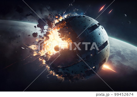 Space satellite explodes in Earth orbit, spherical spacecraft was attacked, generative AI 99452674