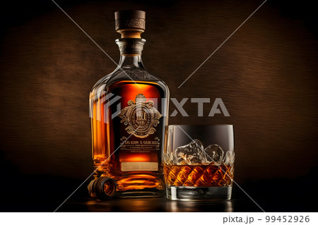 Old whiskey glass close to vintage bottle on wooden table. Neural network AI generated art Old whiskey glass close to vintage bottle on wooden table. Neural network AI generated art 99452926