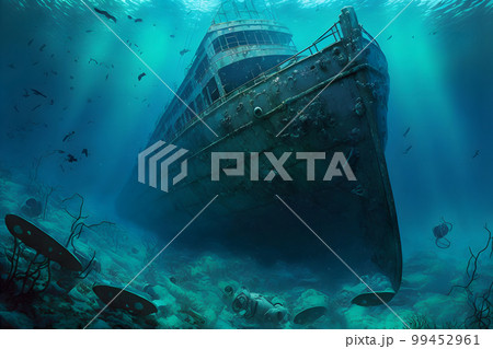 Sunken shipwreck at the bottom of the mediterranean sea. Neural network AI generated art Sunken shipwreck at the bottom of the mediterranean sea. Neural network AI generated art 99452961