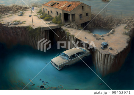 Flooding in the residental area after hurricane storm accident. Neural network AI generated art 99452971