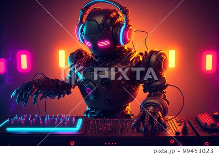 Robot disc jockey at the dj mixer and turntable plays nightclub during party. EDM entertainment party concept. Neural network AI generated art 99453023