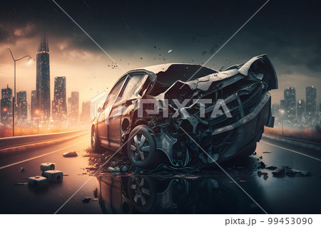 Car accident concept with car collision on city highway road. Neural network AI generated art Car accident concept with car collision on city highway road. Neural network AI generated art 99453090
