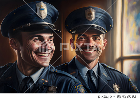 Vintage portraits of male police workers in classical police uniforms in department interior. Neural network AI generated art 99453092