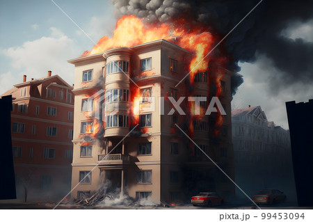 Multistorey residental or office building on fire. Neural network AI generated art 99453094