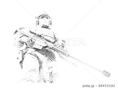 Army sniper of special forces in action posing with large caliber rifle. Low angle view, high key. Standing tall, with their weapon at the ready, skill and confidence of a marksman. Respect for the 99453192