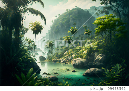 Asian tropical jungle rainforest in daytime. Neural network AI generated art 99453542