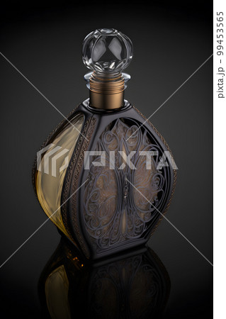 A Bottle of Perfume Women Eau De Parfum in Bottle Isolated on Black. Fragrance for Women Perfume Spray. Neural network AI generated art 99453565