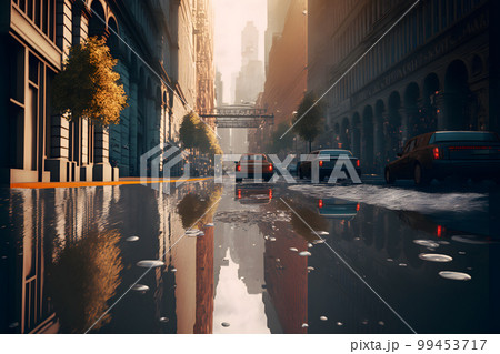 Flood in city center with light sky after heavy rain. Neural network AI generated art Flood in city center with light sky after heavy rain. Neural network AI generated art 99453717