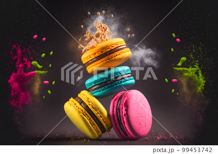 Colorful macarons with bright sugar powder explosion moment on black background. Neural network AI generated art 99453742