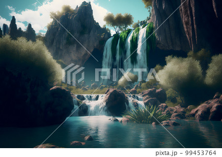 Beautiful landscape with big waterfall in sunny summertime. Neural network AI generated art 99453764