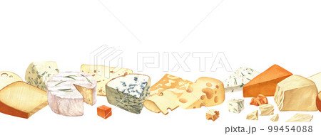 Watercolor different cheese frame template. Hand draw card background with food objects on isolated white. Drink for food menu, cafe, wine list, label, banner, flyer, brochure 99454088