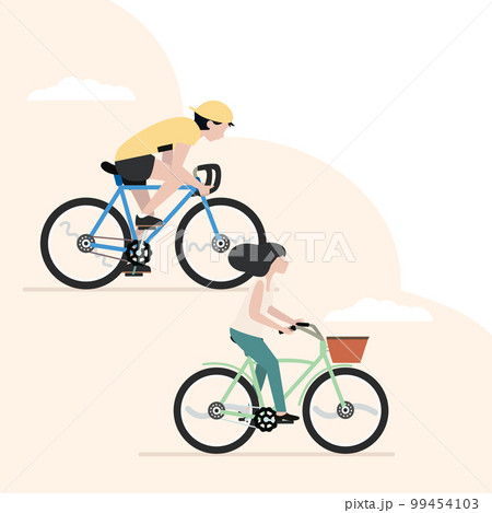 Man and Woman couple riding bicycles flat 99454103