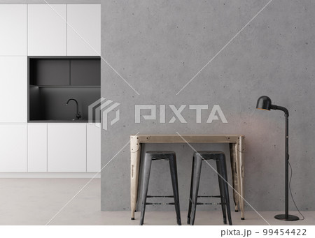 Interior mock up, loft style. Empty wall in modern room. Copy space for your artwork, picture, poster. Industrial style interior design. Apartment or hotel room. 3D rendering. 99454422