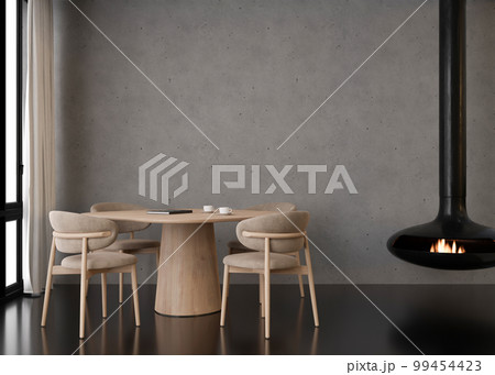 Interior mock up, loft style. Empty wall in modern room. Copy space for your artwork, picture, poster. Industrial style interior design. Apartment or hotel room with fireplace. 3D rendering. Interior mock up, loft style. Empty wall in modern room. Copy space for your artwork, picture, poster. Industrial style interior design. Apartment or hotel room with fireplace. 3D rendering. 99454423