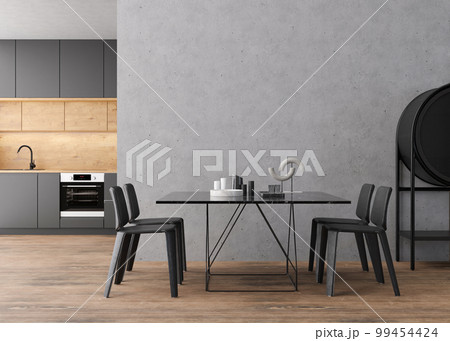 Interior mock up, loft style. Empty concrete wall in modern room. Copy space for your artwork, picture, poster. Industrial style interior design. Apartment or hotel room. 3D rendering. 99454424