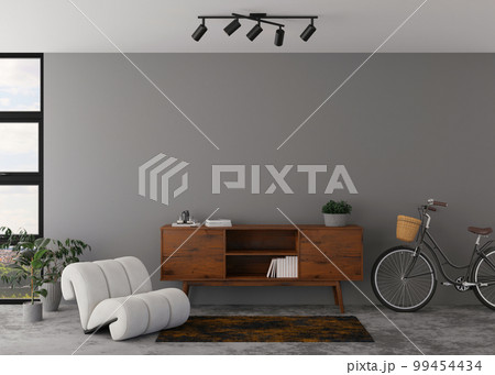 Interior mock up, loft style. Empty wall in modern living room. Copy space for your artwork, picture, poster. Industrial style interior design. Apartment or hotel room. 3D rendering. Interior mock up, loft style. Empty wall in modern living room. Copy space for your artwork, picture, poster. Industrial style interior design. Apartment or hotel room. 3D rendering. 99454434