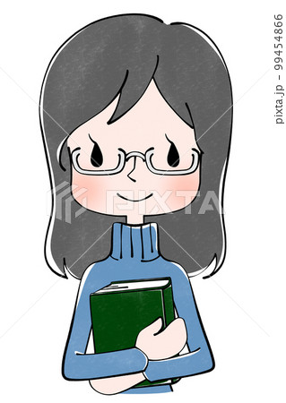 私服　嬉しそうに本を持った女性のイラスト 99454866