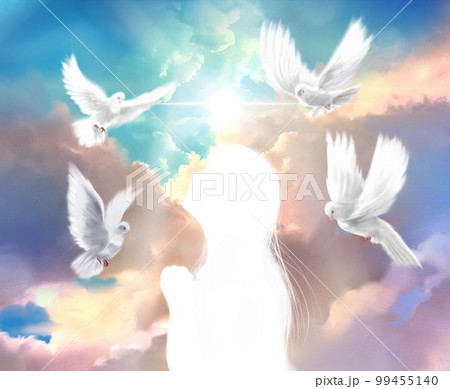 神に祈りを捧げる乙女の横顔シルエットと平和の象徴白い鳩が天空を飛翔