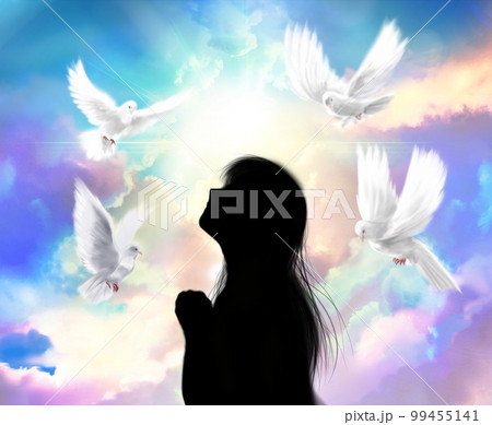 神に祈りを捧げる乙女の横顔シルエットと平和の象徴白い鳩が天空を飛翔する背景イラスト 99455141