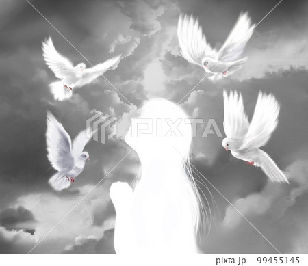 神に祈りを捧げる乙女の横顔シルエットと平和の象徴白い鳩が天空を飛翔する背景イラスト 99455145