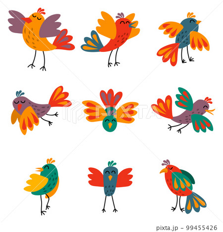 Cute set of birds in different poses in flat style. Flying and standing birds collection isolated on white background. 99455426