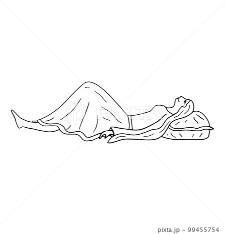 Doodle young woman lying. Girl relaxing on the pillow isolated on white background. Side view. 99455754