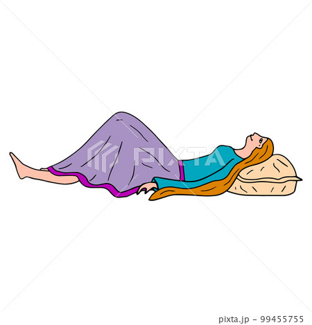 Doodle young woman lying. Girl relaxing on the pillow isolated on white background. Side view. Doodle young woman lying. Girl relaxing on the pillow isolated on white background. Side view. 99455755