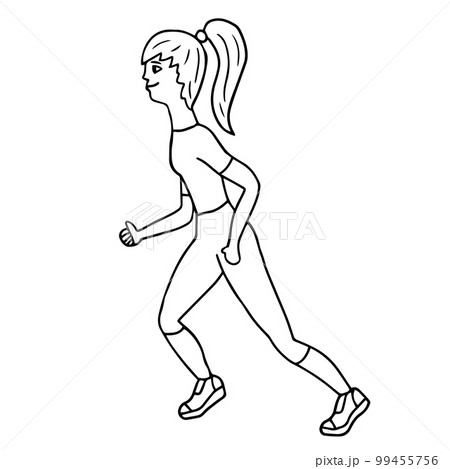 Young doodle woman running. Girl running isolated on white background. Dynamic movement. Side view 99455756