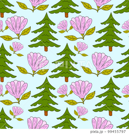 Cute doodle seamless pattern with primrose and spruce. Spring forest background. 99455797