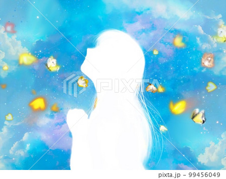 祈りを捧げる乙女の横顔シルエットと虹色の雲海を浮遊する黄色い神秘的な蝶々達のファンタジー背景イラスト 99456049