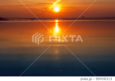 Red sunset over river. South Ukraine landscape. 99456313