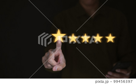 Customer service experience and business satisfaction survey, businessman touching with a screen Five stars (5) rating, consumer feedback, Client review and excellent rating concepts. Customer service experience and business satisfaction survey, businessman touching with a screen Five stars (5) rating, consumer feedback, Client review and excellent rating concepts. 99456397