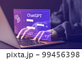 ChatGPT Chat with AI or Artificial Intelligence technology. Woman using a laptop computer chatting with an intelligent artificial intelligence asks for the answers he wants. Developed by OpenAI. 99456398