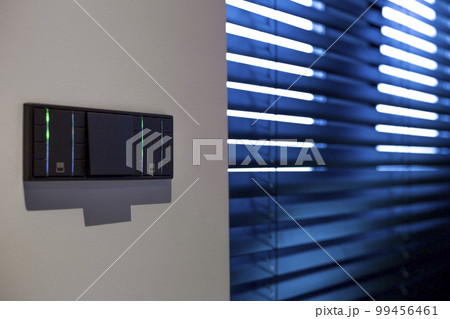Control panel for smart home. Smart screen with smart home on the wall in the interior. Control panel for smart home. Smart screen with smart home on the wall in the interior. 99456461