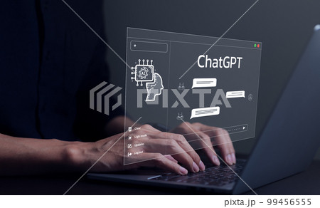 ChatGPT Chat with AI or Artificial Intelligence technology. Businessman using a laptop computer chatting with an intelligent artificial intelligence asks for the answers he wants. Developed by OpenAI. ChatGPT Chat with AI or Artificial Intelligence technology. Businessman using a laptop computer chatting with an intelligent artificial intelligence asks for the answers he wants. Developed by OpenAI. 99456555