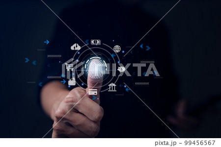 Cybersecurity digital technology concept. businessman use fingerprints to access personal. biometric identification technology, secure internet access, personal information safe, transaction protect, 99456567
