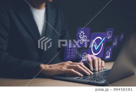 Standard quality control certification assurance concept. Businessman working with checkbox icon of guarantee. certification of standard of company product, warranty best, 99456581