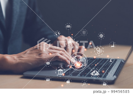 Digital transformation change management concept. Businessman using a laptop computer. new technology bigdata and business process strategy, internet of things, cloud computing, Ai technology. Digital transformation change management concept. Businessman using a laptop computer. new technology bigdata and business process strategy, internet of things, cloud computing, Ai technology. 99456585