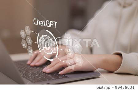 ChatGPT Chat with AI or Artificial Intelligence technology. Woman using computer chatting with an intelligent artificial intelligence asks for the answers wants. knowledge on the internet, e-learning, 99456631